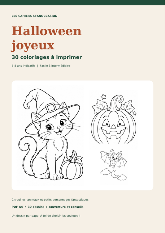 Halloween joyeux : 30 coloriages PDF, 6-8 ans, couverture du vrai cahier