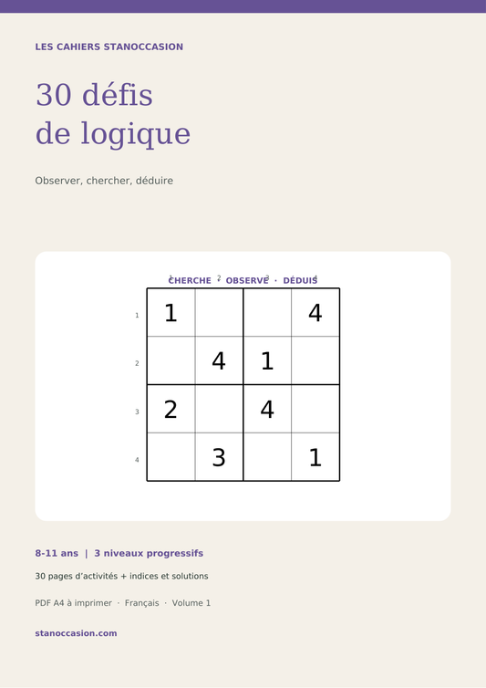 Couverture : Jeux de logique à imprimer - 30 défis PDF avec solutions - 8-11 ans