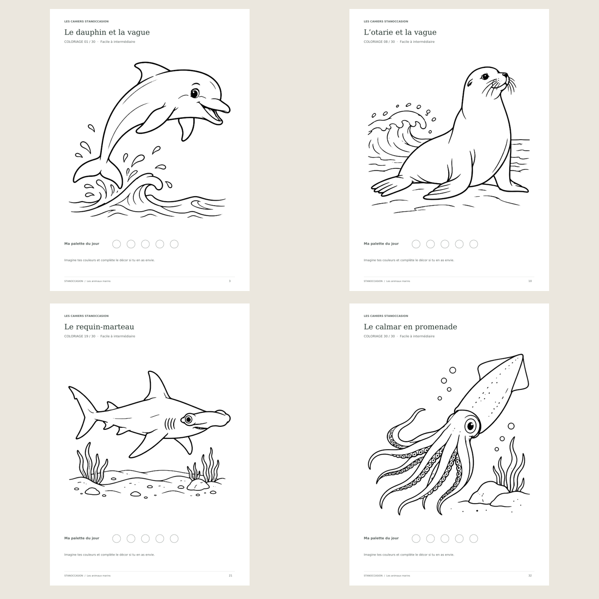 Extraits réels : Coloriages animaux marins - 30 dessins PDF - 5-8 ans