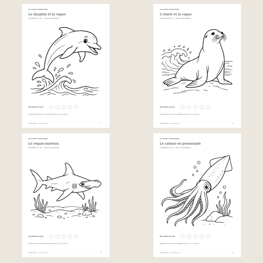 Extraits réels : Coloriages animaux marins - 30 dessins PDF - 5-8 ans
