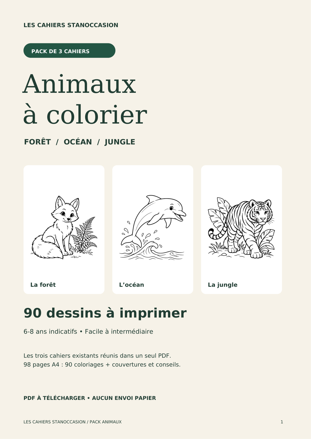 Pack Animaux : 90 coloriages PDF, forêt, océan et jungle