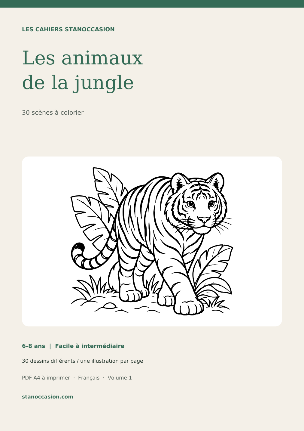 Couverture : Coloriages animaux de la jungle - 30 dessins PDF - 6-8 ans