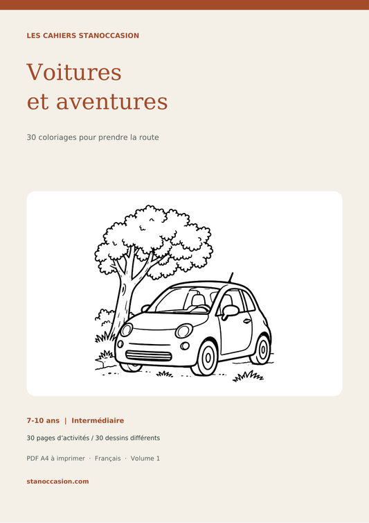 Couverture : Coloriages voitures - 30 dessins PDF - 7-10 ans
