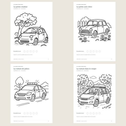 Extraits réels : Coloriages voitures - 30 dessins PDF - 7-10 ans
