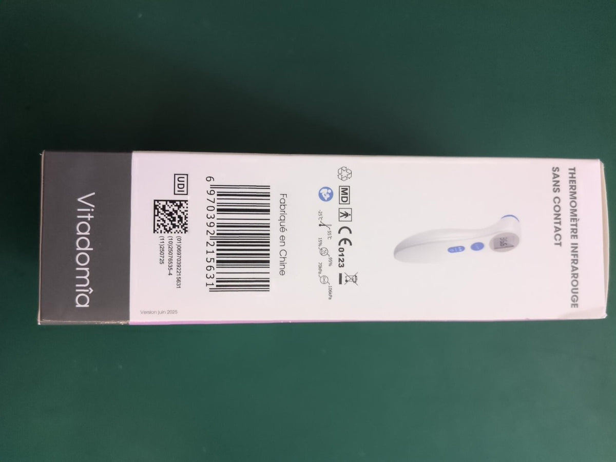 Thermomètre infrarouge sans contact Vitadomia - informations latérales et code-barres